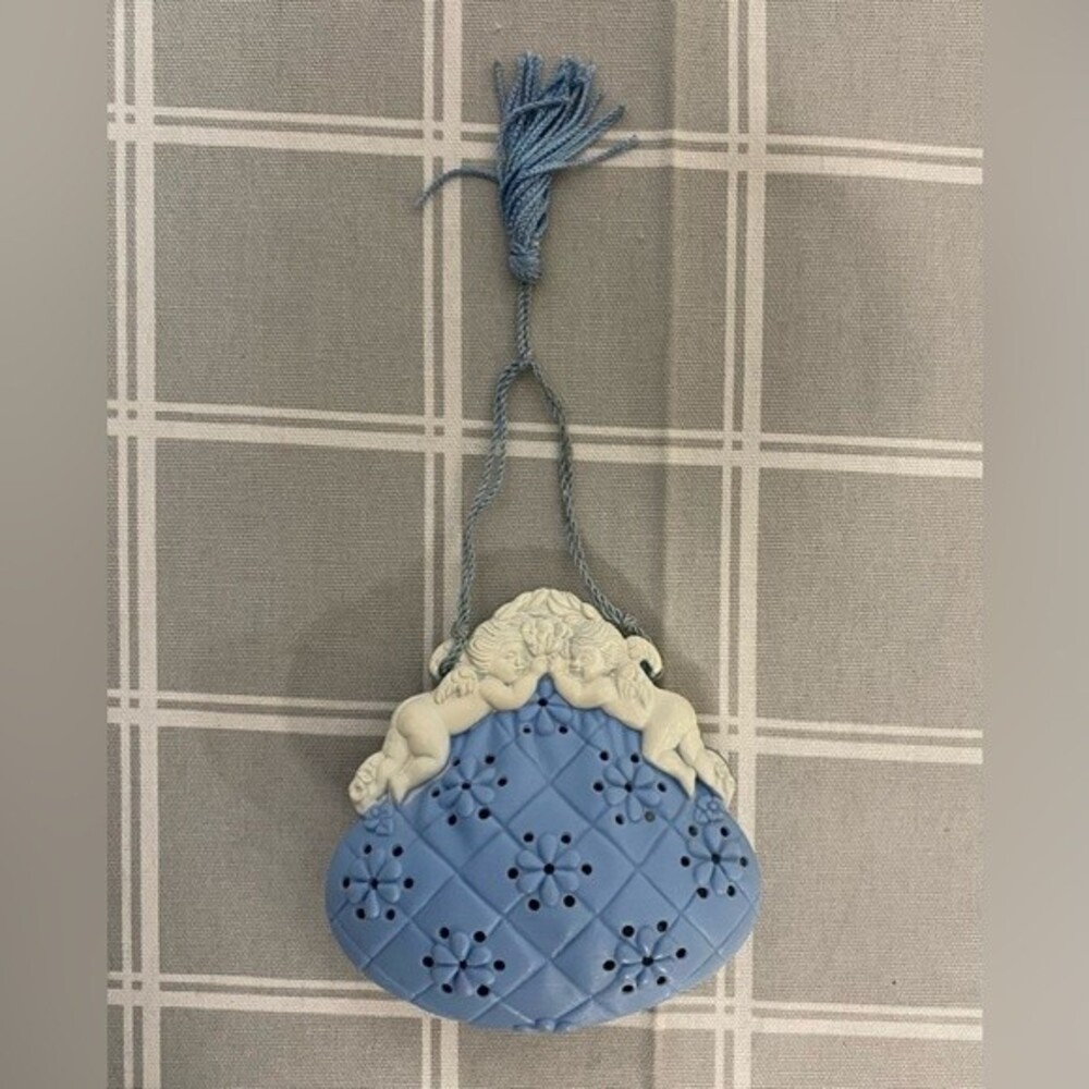 Vintage Avon Sachet Scent Holder Blue Purse with Cherubs Adorned Aromatherapy.